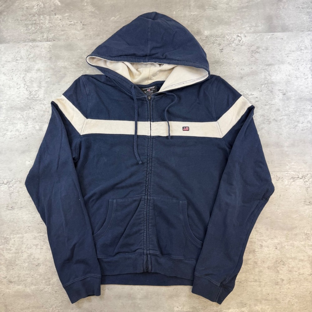 Polo Jeans Co Ralph Lauren Navy Blue Full Zip Hoodie Cream Stripe Mens Size M